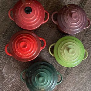 Lot of 5 Le Creuset Mini Round Cocottes 8 oz. Fig, Cerise, Burgundy, Artichaut
